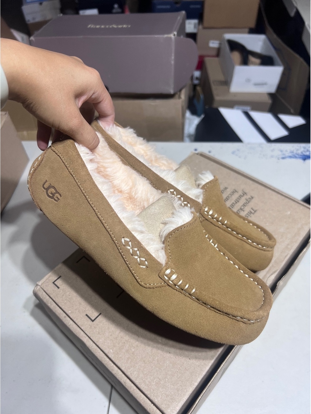 UGG Women's Suede Moccasin Slippers with Shearling Lining Size 8
